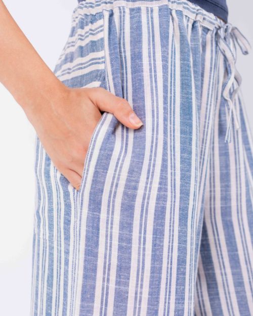 Blue Striped Wide Leg Pants, 100% Linen