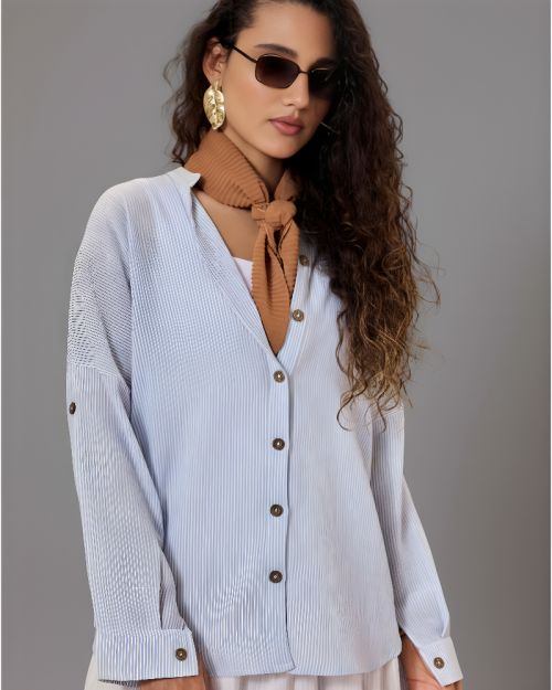 Striped Light Blue Linen Shirt For Women