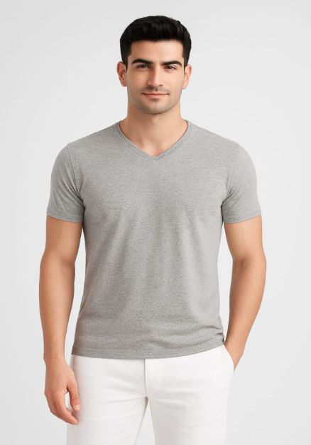 V-Neck Basic T-Shirt	-Gray-M