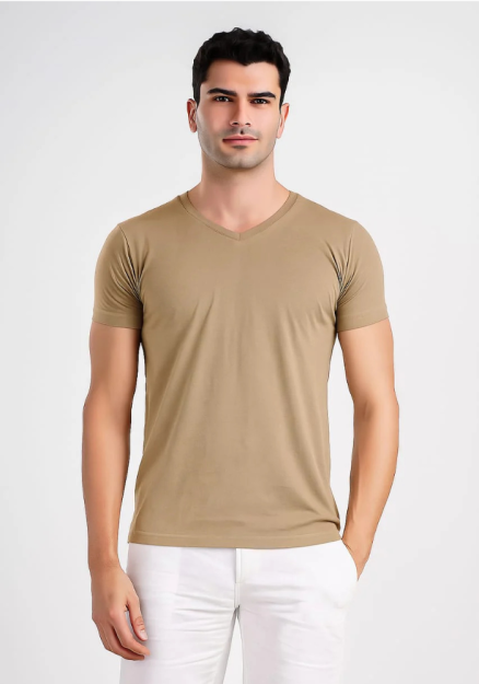 V-Neck Basic T-Shirt	-Khaki-M