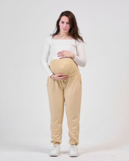 Beige Maternity Jogger Pants with Drawstring | Cozy Over-the-Bump Sweatpants for Pregnancy & Postpartum-L