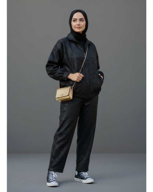 Leather-Look Bomber Jacket & Straight-Cut Pants Set