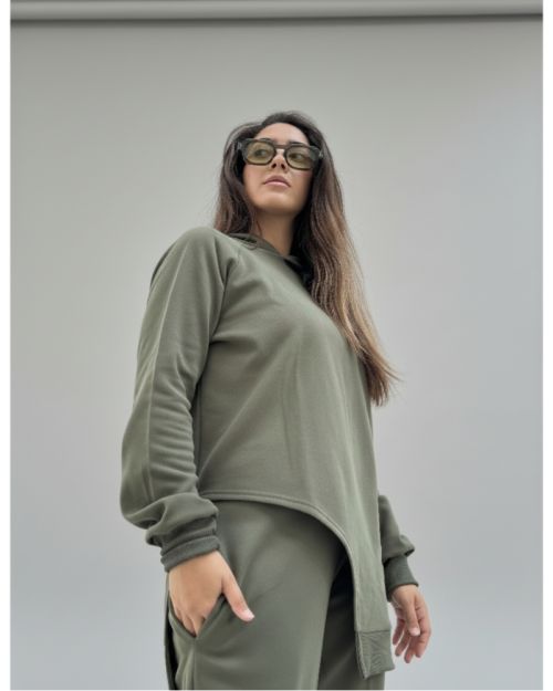 One side Hoodie/Pants Milton Fabric Set-Olive-S