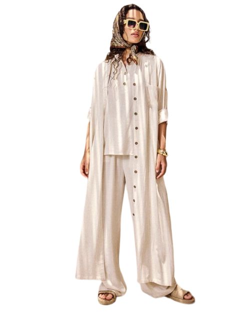 Beige Washed Linen 3-Piece Set For Women