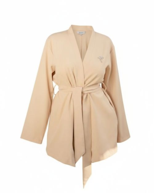 Beige Longline Belted Blazer