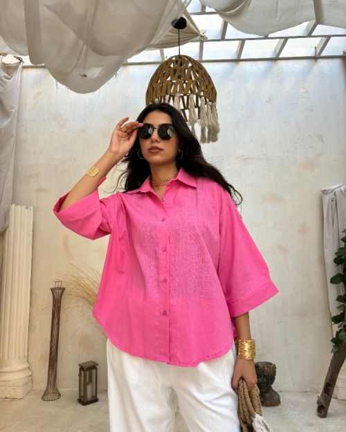 Linen oversized Chemise-Fushia-S/M
