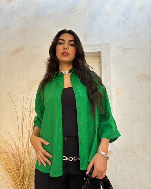 Linen oversized Chemise-Green-S/M