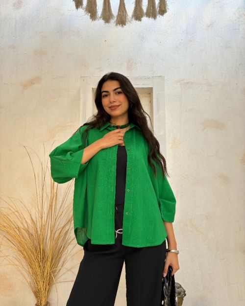 Linen oversized Chemise-Green-S/M