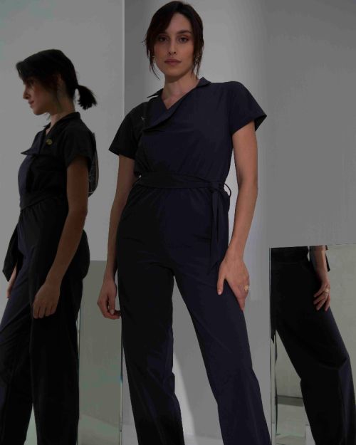 AMELIA JUMPSUIT WITH  SCARF-Navy & Blue-S