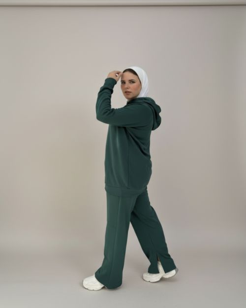 One side Hoodie/Pants Milton Fabric Set-Green-S