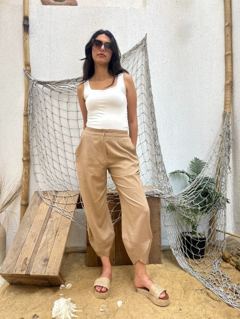 Crisscross Linen Pants-Taupe-S