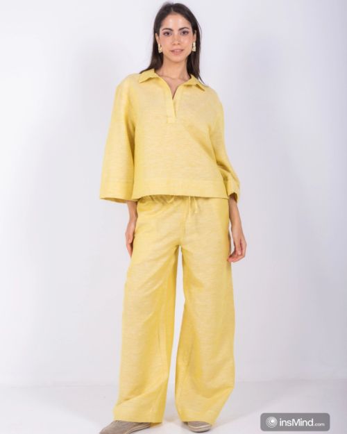 Yellow linen blouse with collar shirt