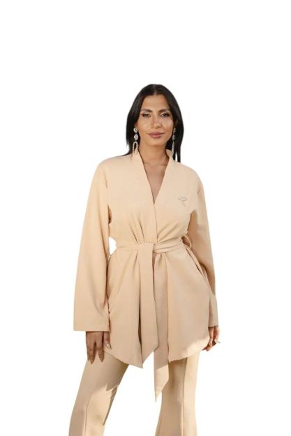 Beige Longline Belted Blazer-Beige-S