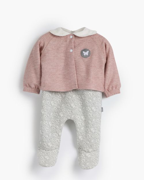 White Flower Jacket +  Romper-0-3 mth