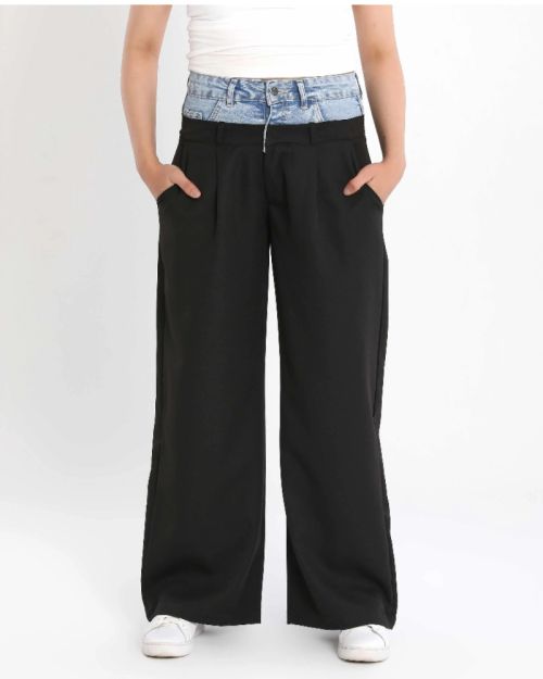 Women’s Wide-Leg Street Style Pants with Denim Waistband