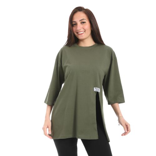 تيشرت حريمي اوفر اسيز كاجول بفتحه من الجنب من defect-Olive-M