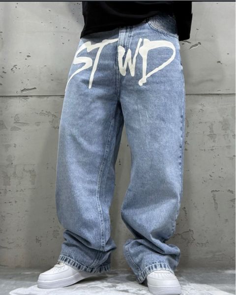 Statement Graphic Denim Pants-Light Blue-34