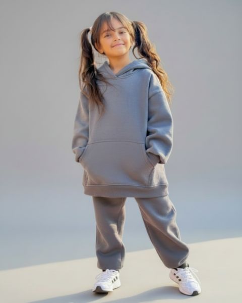 Kids hoodie set Grey with pink logo